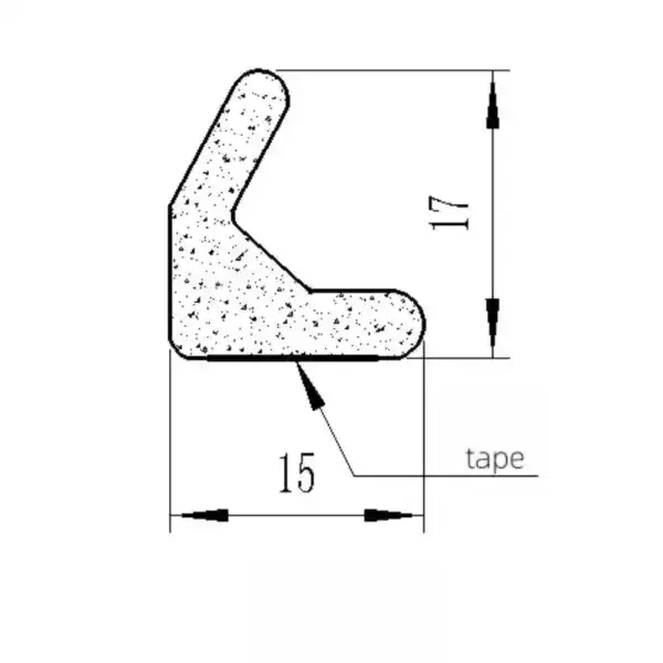Rubber seal profile with dimensions 15mm by 17mm, used in industrial applications, featuring tape attachment.