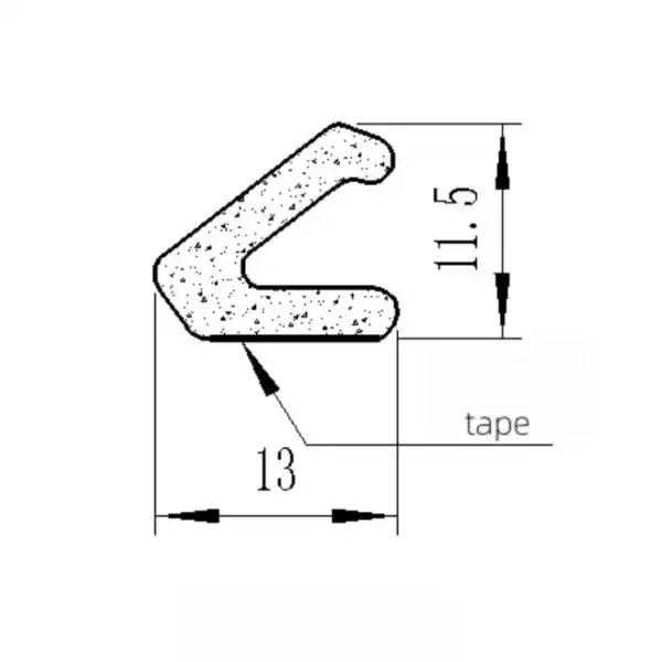 Technical drawing of a gasket seal with tape, showing dimensions of 11.5mm height and 13mm width for precise fitting.