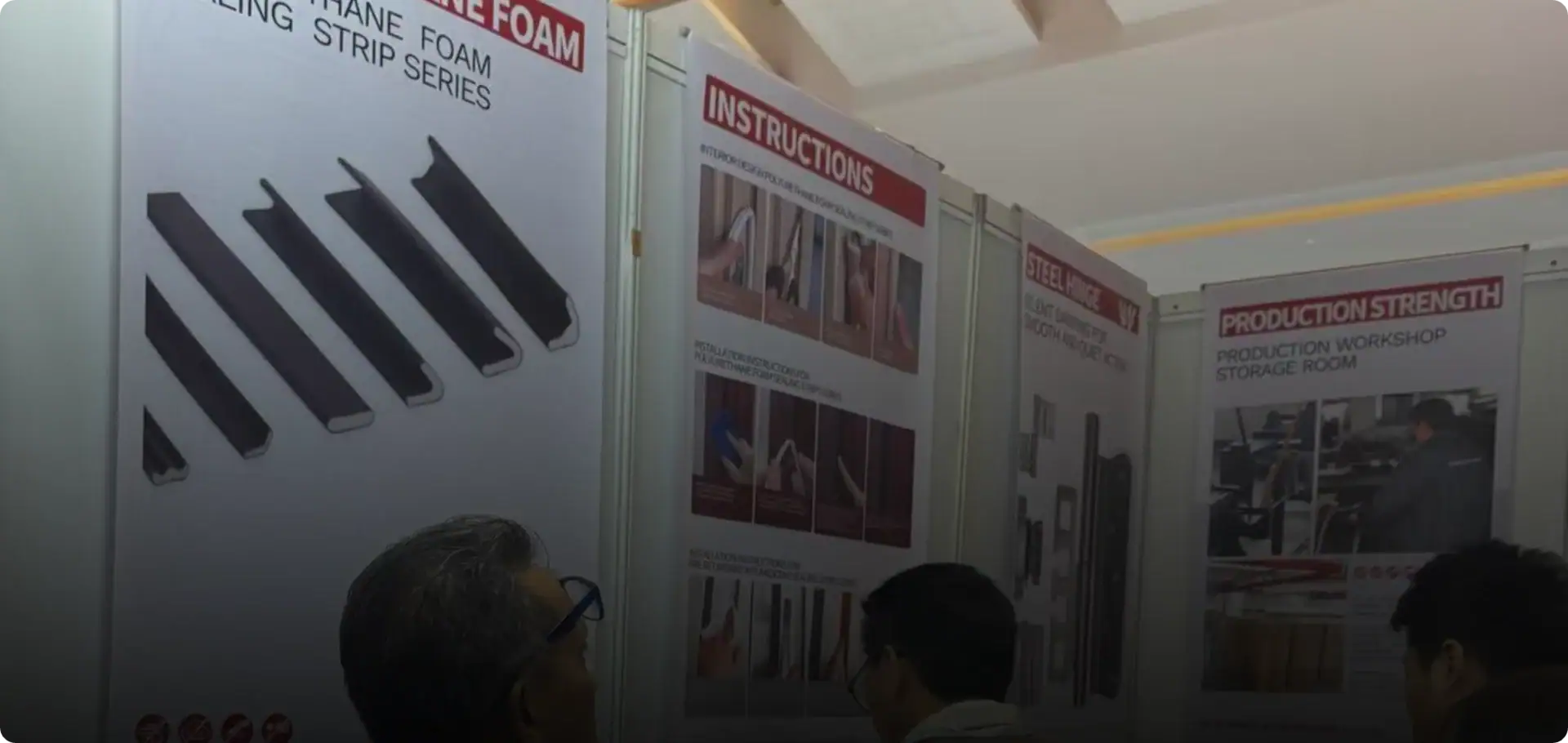 Display of foam cutting tools and instructions at a trade show booth, showcasing equipment for precise foam shaping and manufacturing.