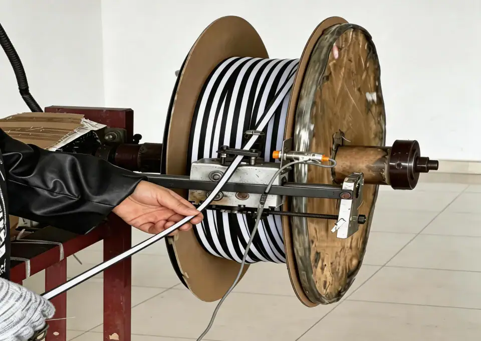 Industrial cable spooling machine with large reel for efficient cable winding and unwinding processes.