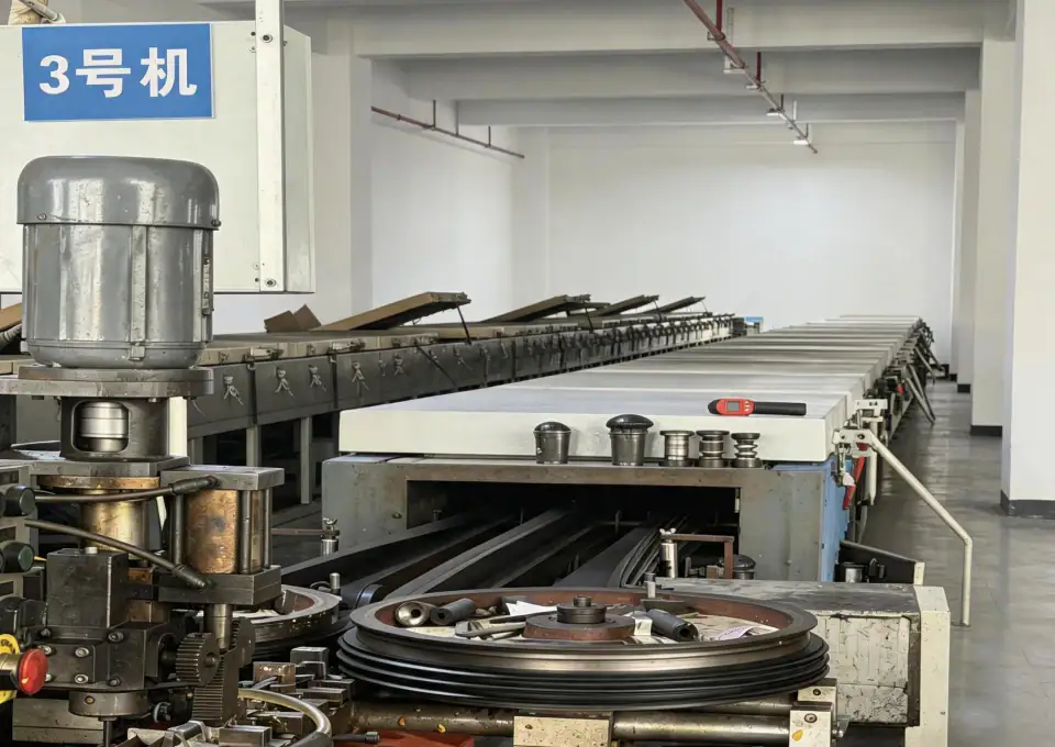 Industrial manufacturing machine setup in a factory, featuring conveyor belts and metal components, used for large-scale production processes.