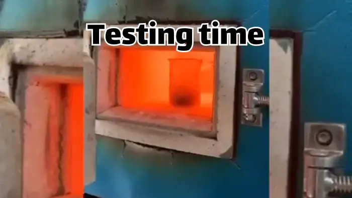Industrial high-temperature furnace with glowing orange interior used for material testing and heat treatment processes in manufacturing settings.