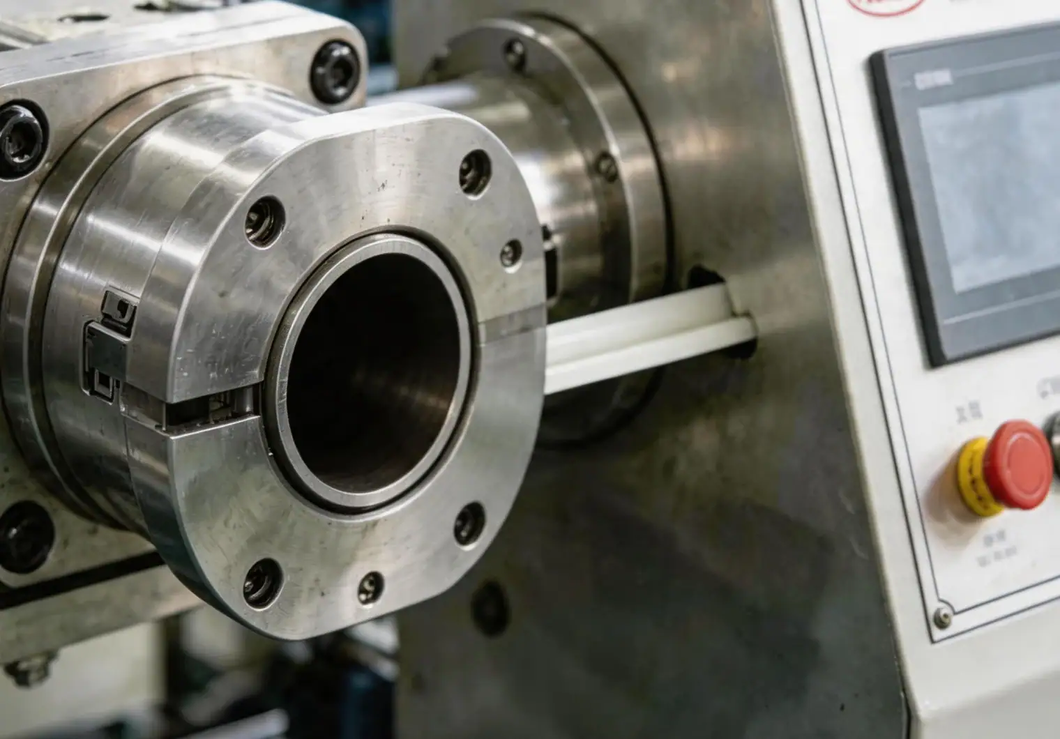 CNC machine tool with high-precision spindle and control panel, used for metal and plastic part production in manufacturing industries.