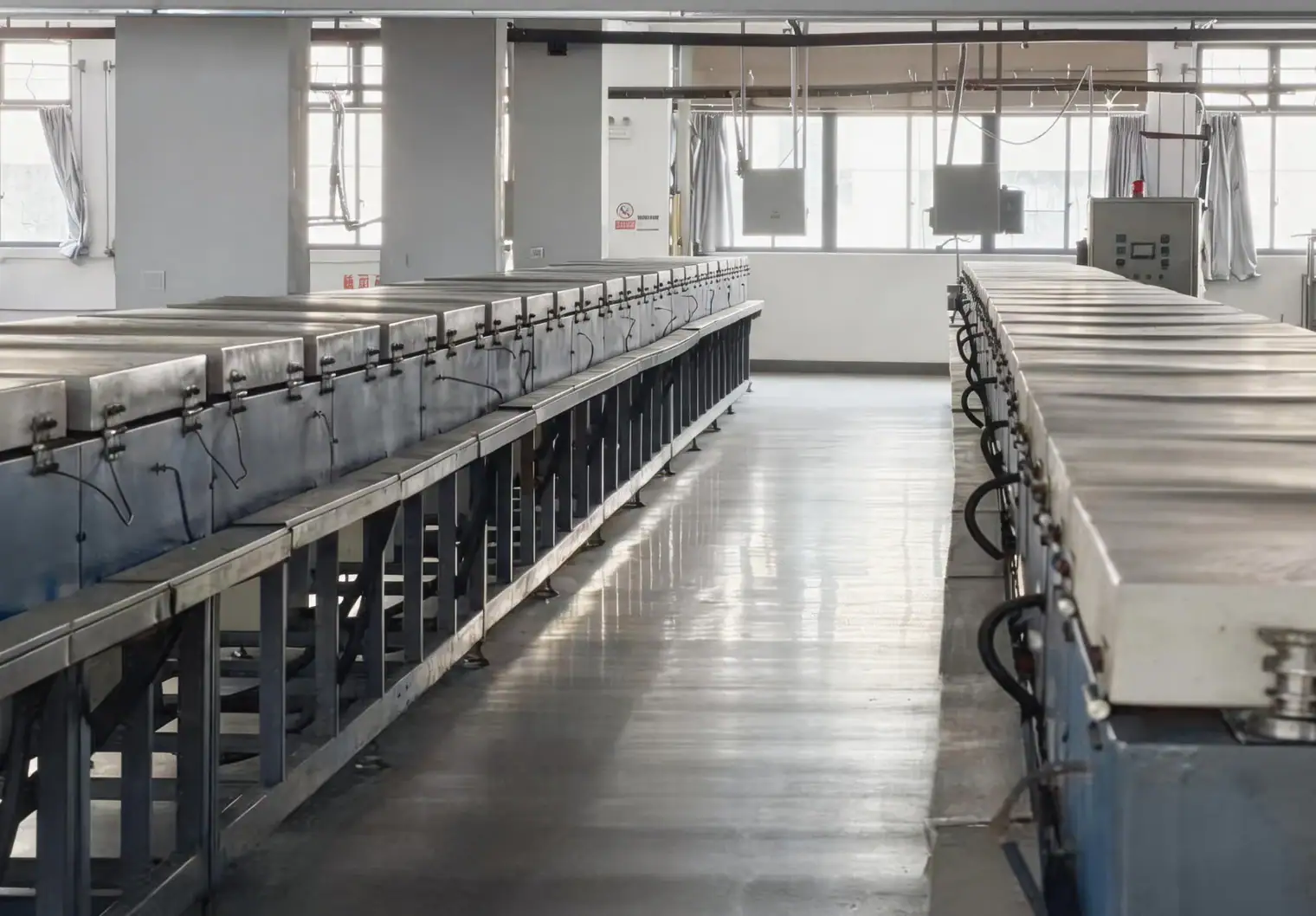 Industrial manufacturing facility with stainless steel equipment and workstations.