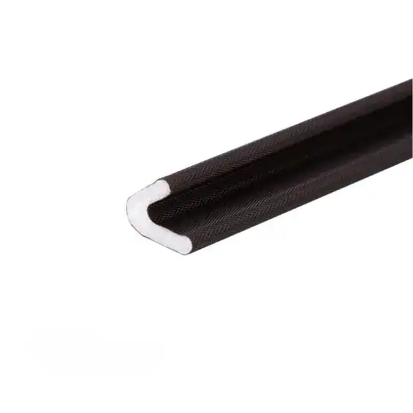 Close-up of a black U-shaped rubber seal with white inner lining, used for sealing and insulation in industrial applications.