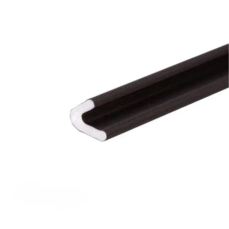 Close-up of a black U-shaped rubber seal with white inner lining, used for sealing and insulation in industrial applications.