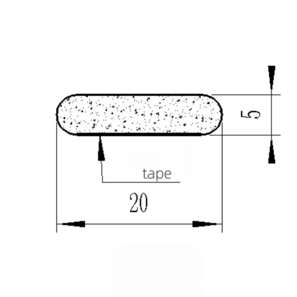 Technical drawing of a tape with dimensions 20mm length and 5mm width, showing detailed measurements for engineering or manufacturing purposes.