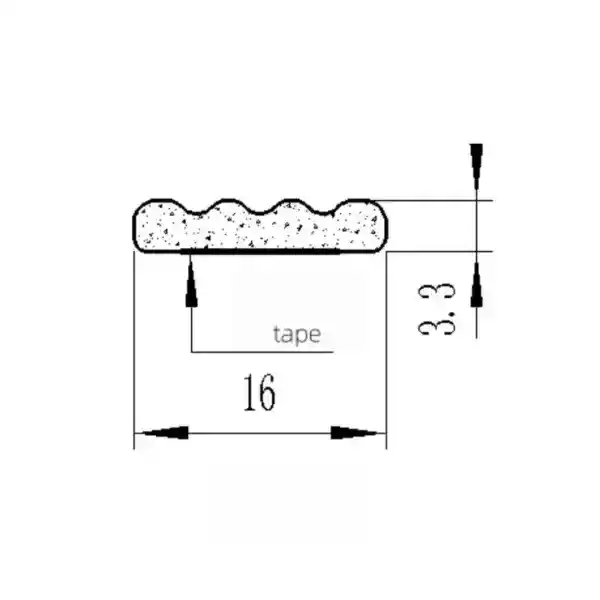Technical drawing of a tape with 16mm width and 3.3mm height, showing detailed measurements and cross-section for manufacturing or engineering purposes.