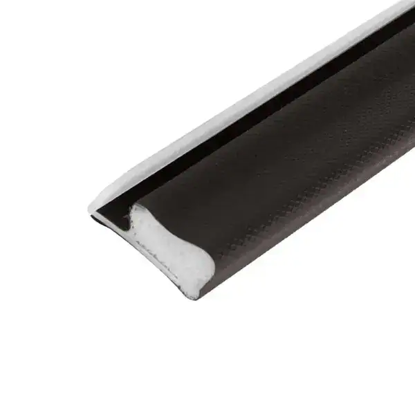 Close-up of a black and white door seal strip with textured surface for insulation and sealing.