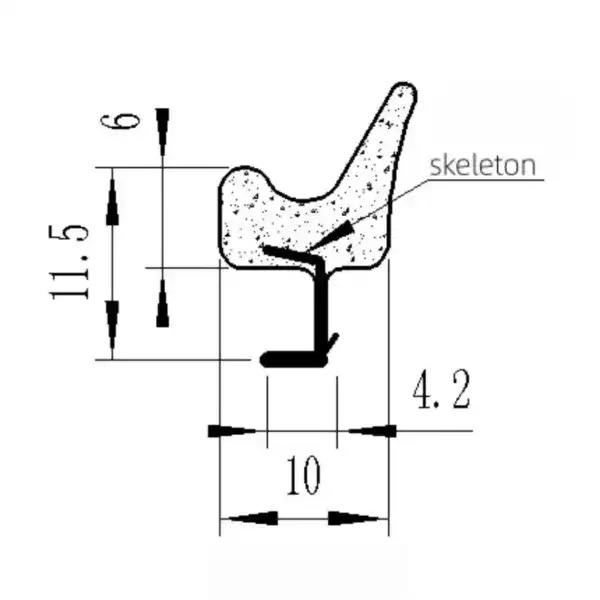 Detailed technical drawing of a sealing component with dimensions and skeleton structure for industrial sealing applications.