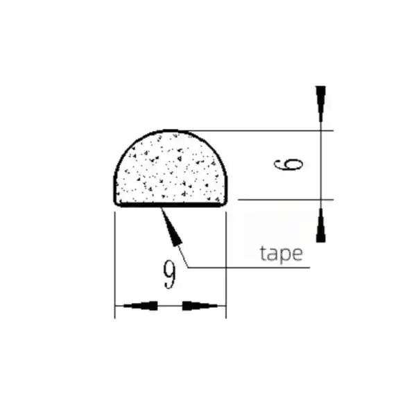 Compact illustration of a semi-circular tape piece with dimensions, showing thickness and width for precise application.