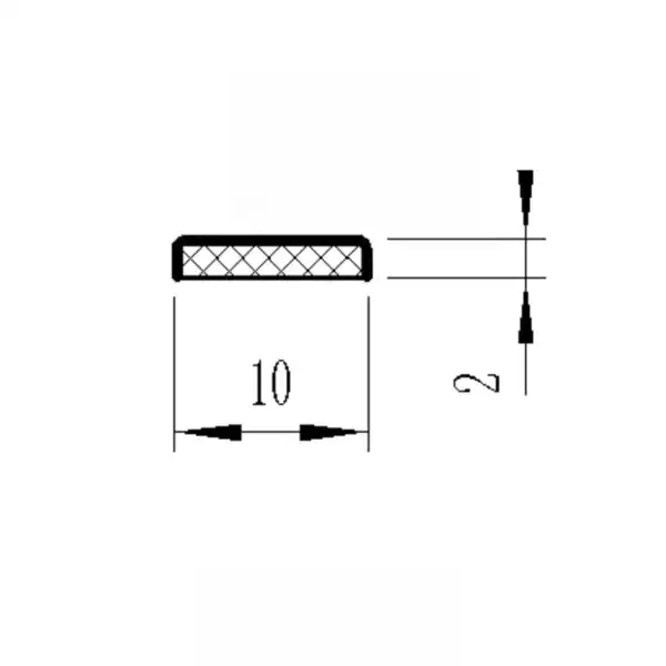 Detailed technical drawing of a small rectangular mechanical component with dimensions 10mm by 2mm, featuring cross-hatching to indicate material section.