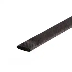 Close-up of a black mesh cable sleeve used for organizing and protecting electronic cables.