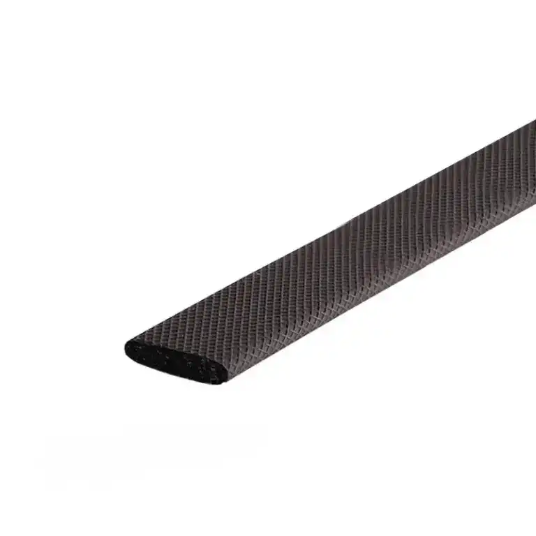 Close-up of a black mesh cable sleeve used for organizing and protecting electronic cables.