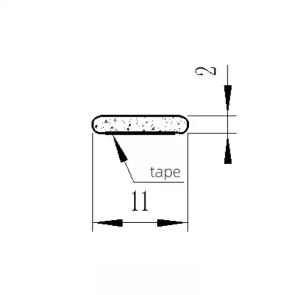 Technical drawing of a magnetic tape showing dimensions and thickness, used for engineering and manufacturing reference.