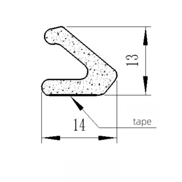 Cross-sectional drawing of a rubber seal profile with detailed measurements, showing height of 13mm and width of 14mm, used for sealing applications.