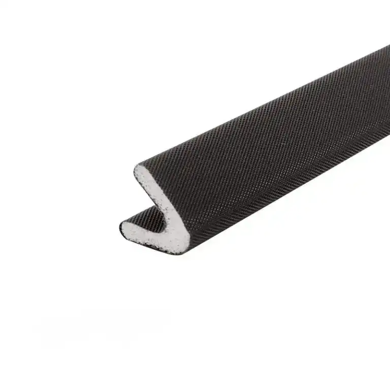 Close-up of black rubber edge trim with textured surface, used for sealing and protecting door edges in industrial and automotive applications.