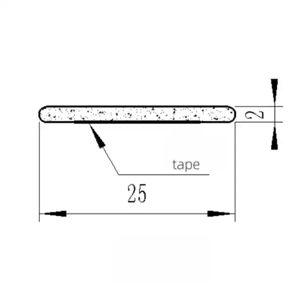 Technical drawing of a tape showing 25mm length and 2mm thickness, with detailed measurements and labels.