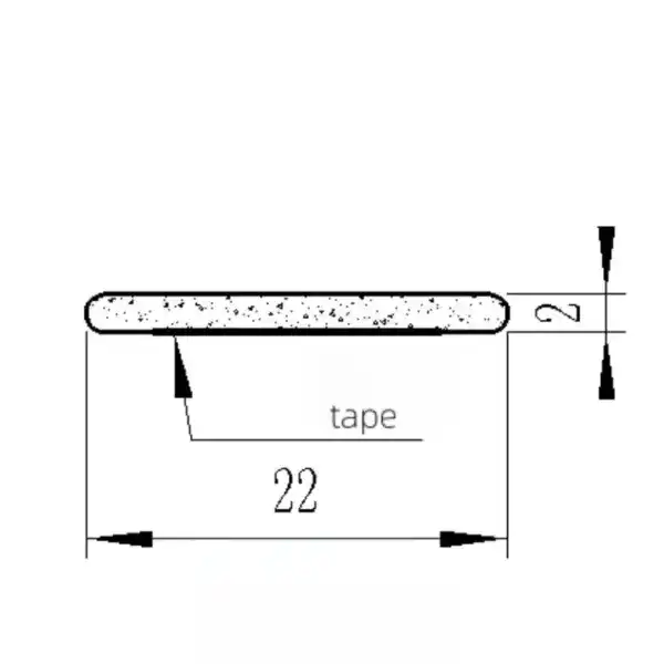 Detailed technical drawing showing tape with 22mm length and 2mm thickness, including measurements and labels for precise specifications.