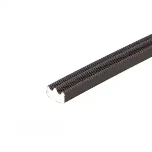 Close-up of black rubber edge trim with textured surface, used for sealing or finishing edges in construction or automotive applications.