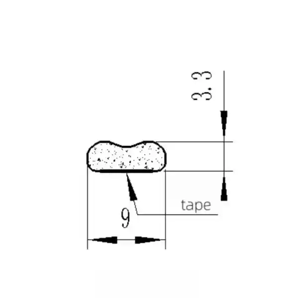 A close-up technical drawing of a small piece of tape showing measurements and texture details.