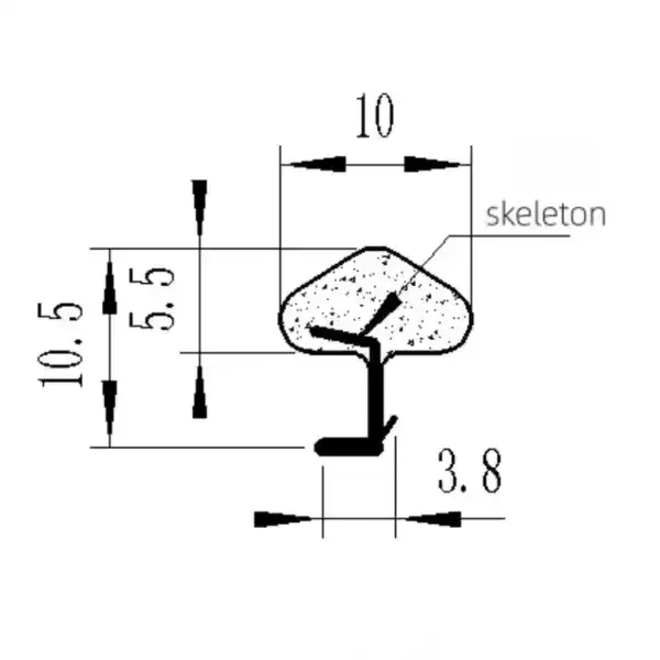 Rubber sealing profile cross-section with precise measurements for industrial sealing solutions.