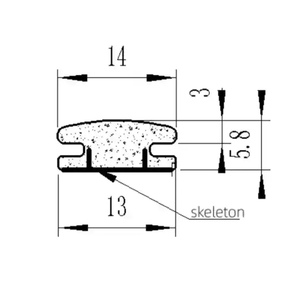 Rubber seal cross-section with detailed measurements and skeleton structure, used for sealing applications in machinery and industrial equipment.