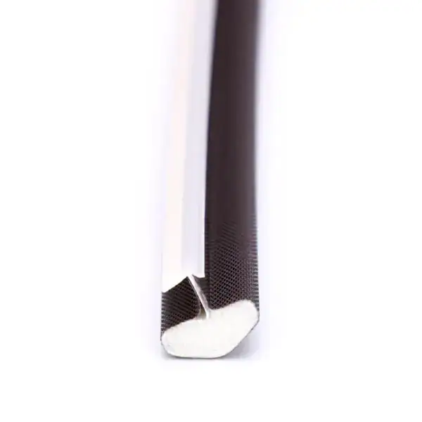 Ice skate blade with protective cover, close-up shot, showing the metal blade and black protective cover, ideal for winter sports, ice skating, and skating accessories.