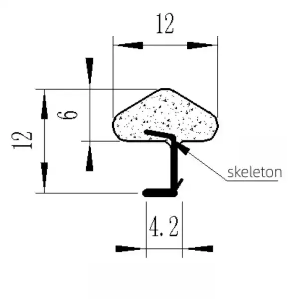 Technical drawing of a rubber seal with detailed measurements, including height, width, and skeleton structure, used for precise fitting in industrial applications.
