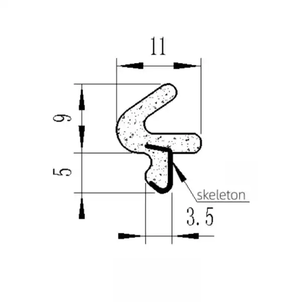 Technical drawing of a rubber seal profile with detailed measurements, including skeleton structure, used for industrial sealing applications.