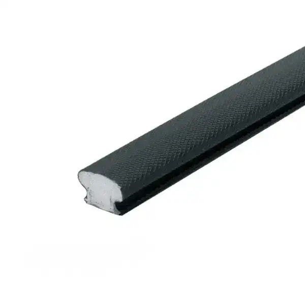 Close-up of black textured bicycle handlebar tape with a white core, designed for grip and comfort during cycling.
