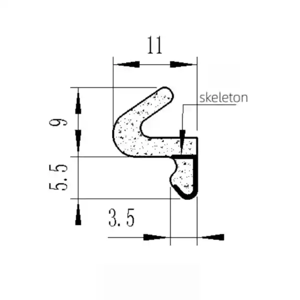 Rubber extrusion profile with detailed measurements and skeleton structure, ideal for industrial sealing, cushioning, and insulation solutions. Customizable rubber profiles for manufacturing and engin.