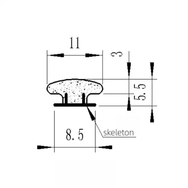 Rubber seal technical drawing with detailed measurements and skeleton structure, showcasing dimensions of 11mm width, 8.5mm height, and 5.5mm thickness, used for sealing applications.