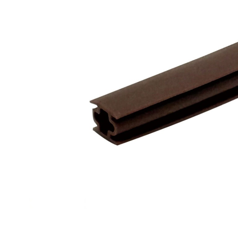 Close-up of a brown rubber seal with a hollow, multi-channel design for sealing doors and windows against air and water leaks.