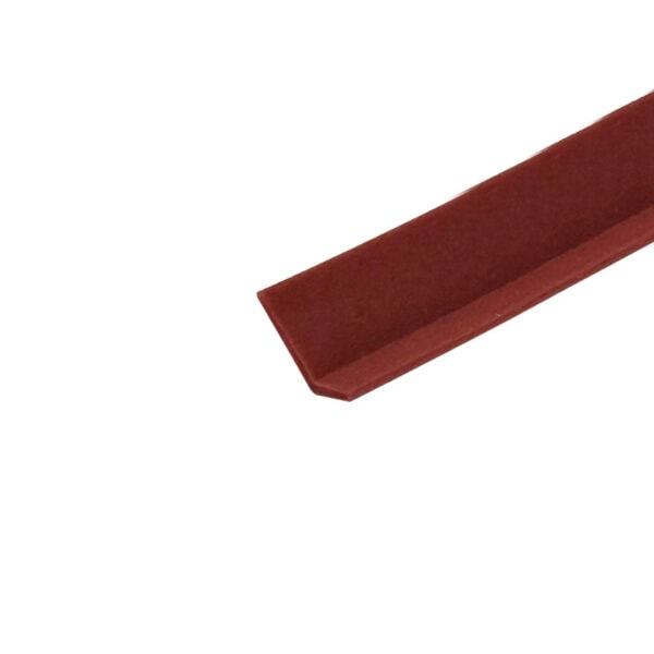 Close-up of a reddish-brown wooden edge trim, used for finishing flooring or furniture edges, with a smooth surface and precise cut.