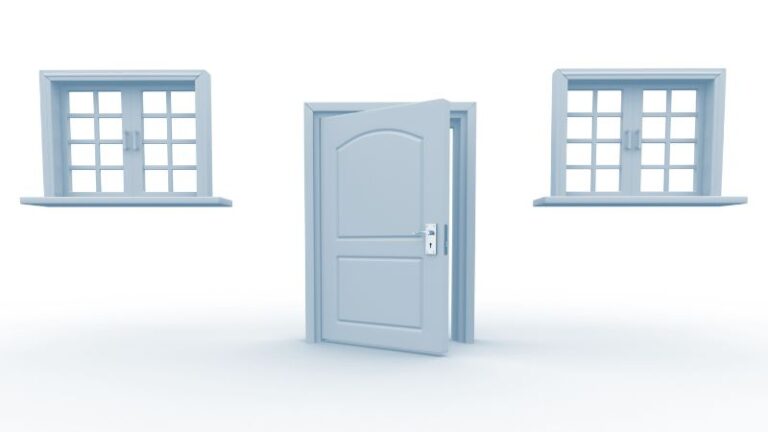 Light blue door with two large windows on either side, set in a white background, showcasing a clean and modern design.