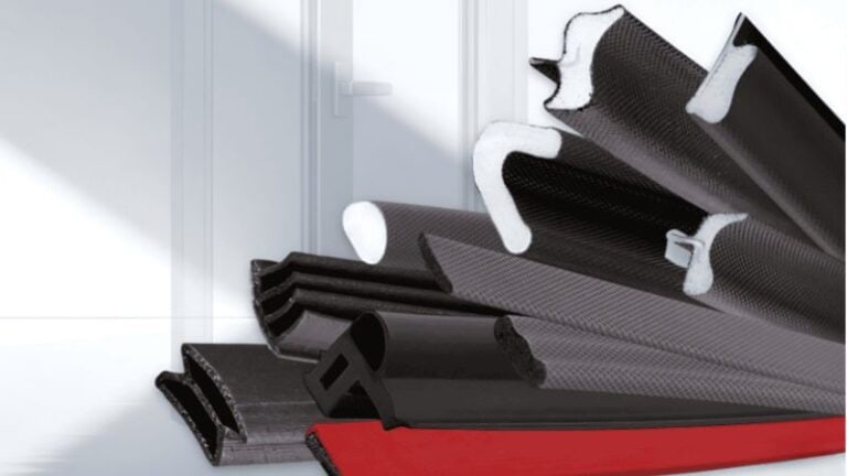 Close-up of various custom door seal materials including rubber and foam, showcasing different profiles and textures for sealing applications.