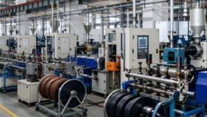 Modern industrial machinery used for manufacturing door seals in a factory setting, with various machines and spools of sealing material.