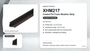 Close-up of coated PU foam weather strip with specifications for sealing and weatherproofing doors and windows.