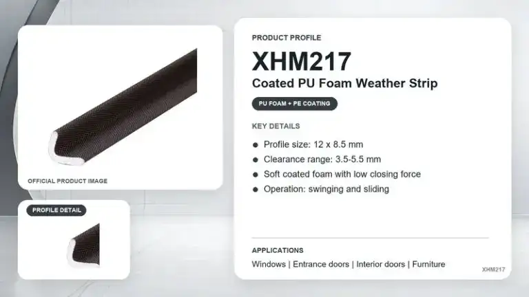 Close-up of coated PU foam weather strip with specifications for sealing and weatherproofing doors and windows.