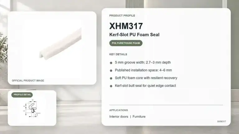 Close-up of Kerf-Slot PU Foam Seal with 5mm groove width, suitable for interior doors and furniture, providing effective sealing and resilient recovery.