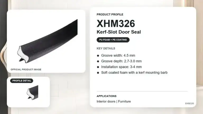 Close-up of XHM326 Kerf-Slot Door Seal showing foam and mounting barb for interior door applications.