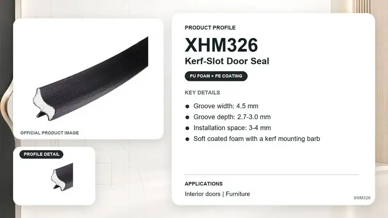 Close-up of XHM326 Kerf-Slot Door Seal showing foam and mounting barb for interior door applications.