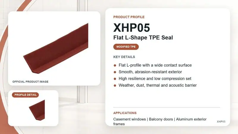 Close-up of XHP05 flat L-shaped TPE door seal showing its smooth surface and flexible design for various gap sizes.